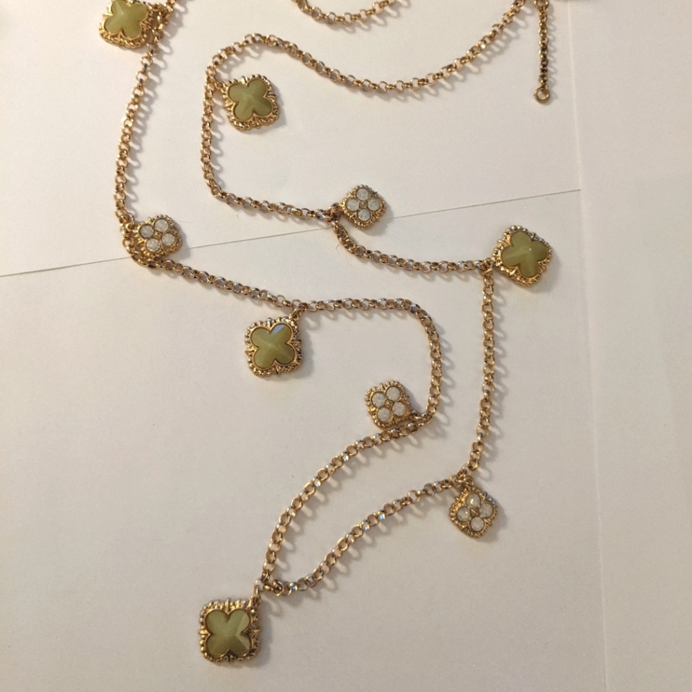 Sage and gold clover long necklace with matching clover earrings SET
